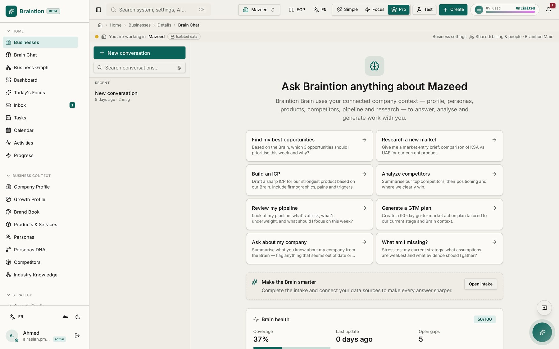 Braintion Brain Chat with context-grounded prompts and a Brain health score.